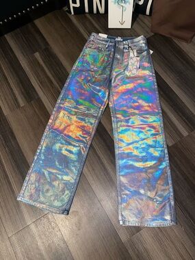 Forever 21 Iridescent Holographic Multi-Color Straight-Leg Pants
